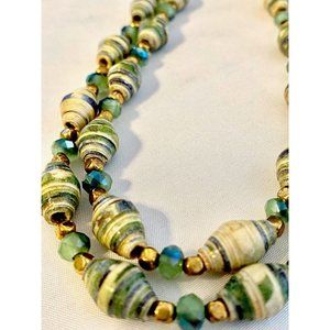 Vintage Rolled Paper Bead Necklace With Chrysolite Aurora Borealis Beads, Albert